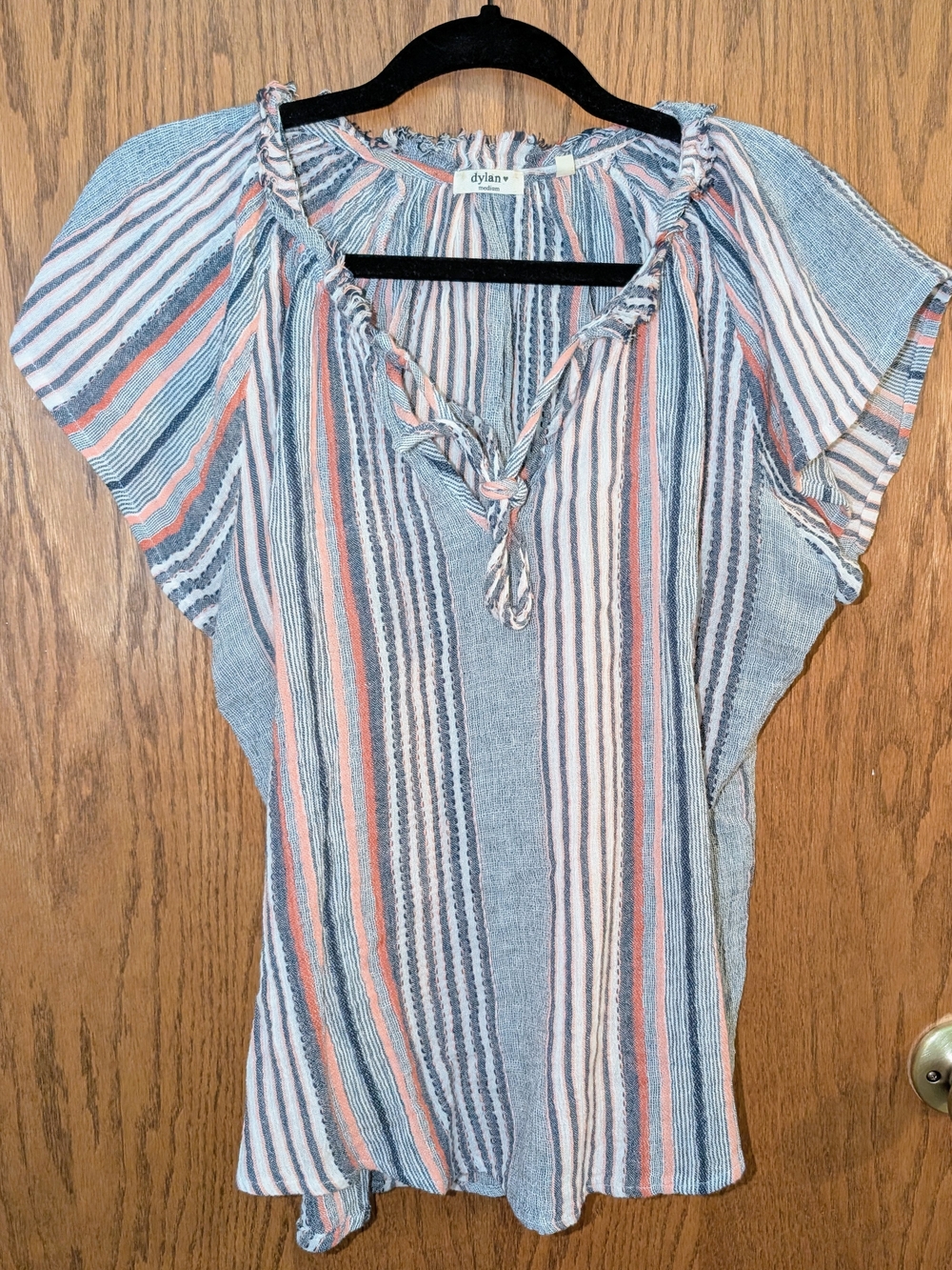 Dylan Striped Tie Neck Blouse in Blue & Pink Size Medium